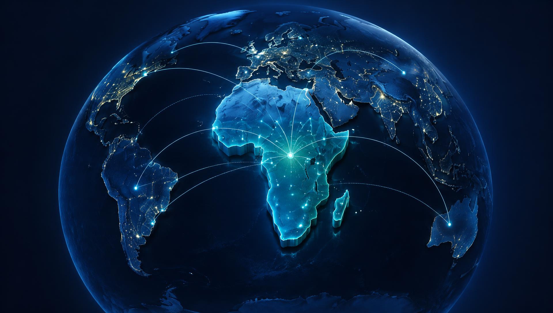Globe with the African continent raised and connector routes reaching every other continent