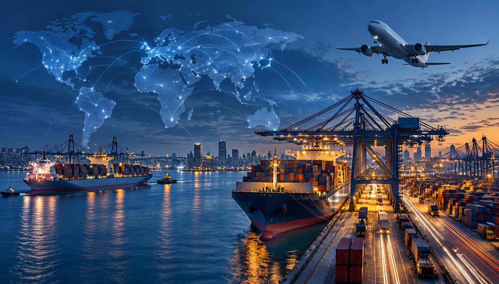 Container ships, freight aircraft and a port at dusk representing a worldwide logistics network