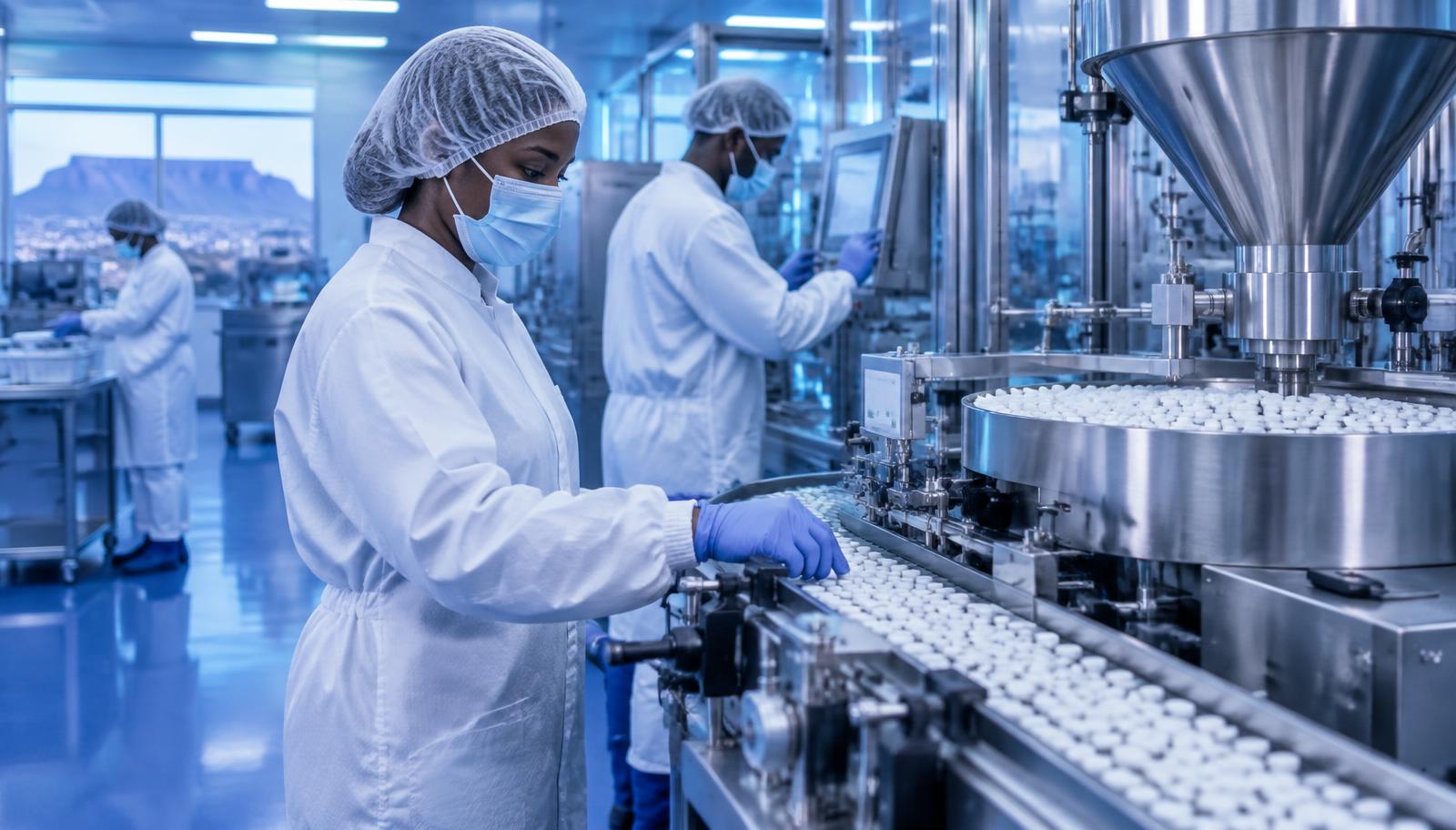 Technicians in sterile gowns operating pharmaceutical production machinery at an African manufacturing facility